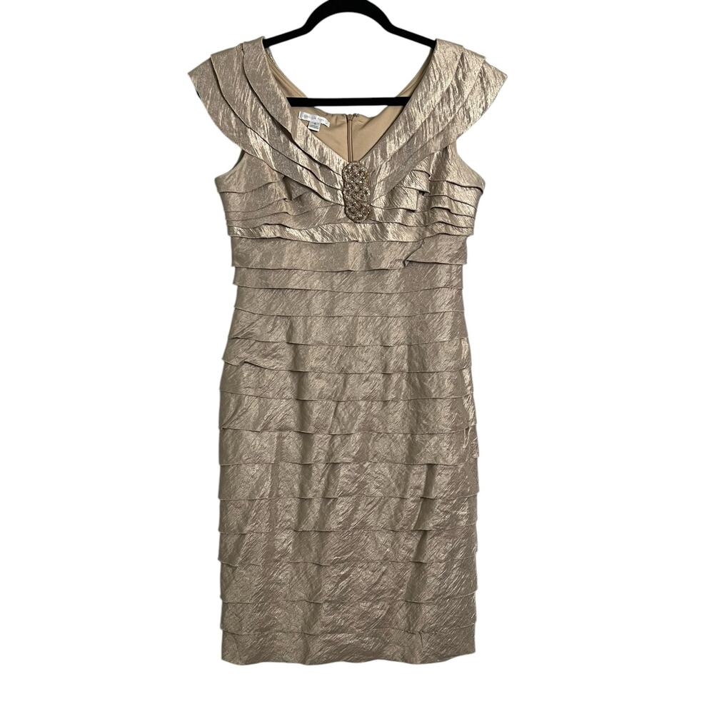 London Times Ruffled Tiered Beige Dress champagne 4 Cocktail MOB Wedding